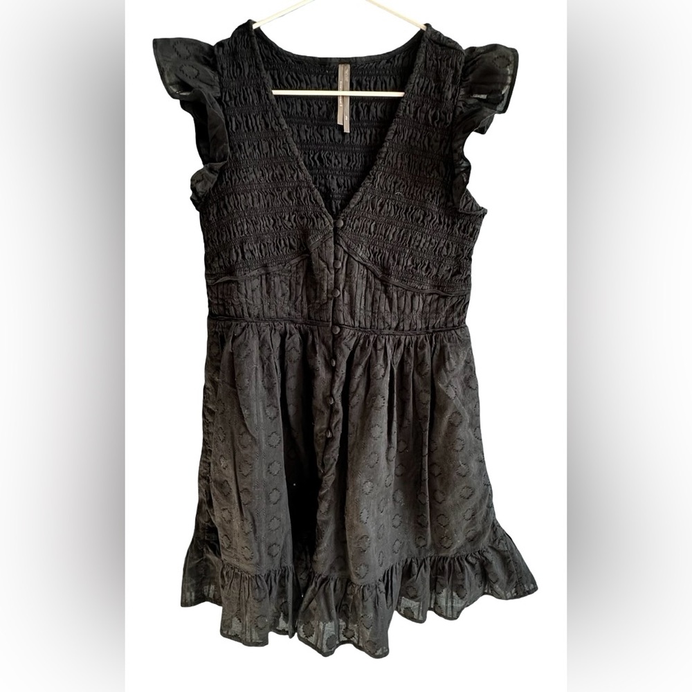Anthropologie Peregrine Mini Dress Women's Size XS Black Cotton Smocked Pockets - Picture 5 of 12
